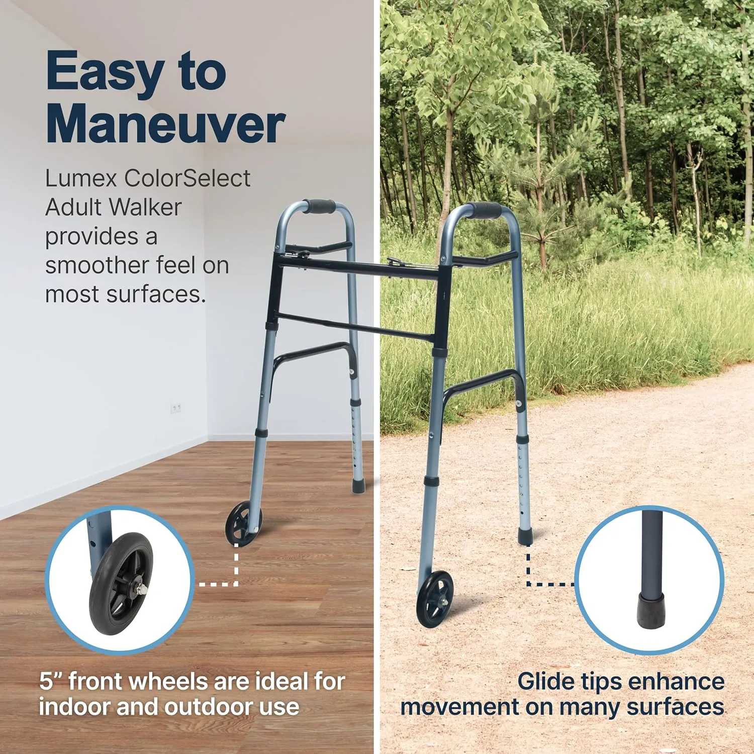 Lumex ColorSelect Walkers for Seniors, Rolling & Folding Adult Walker with Wheels, Blue