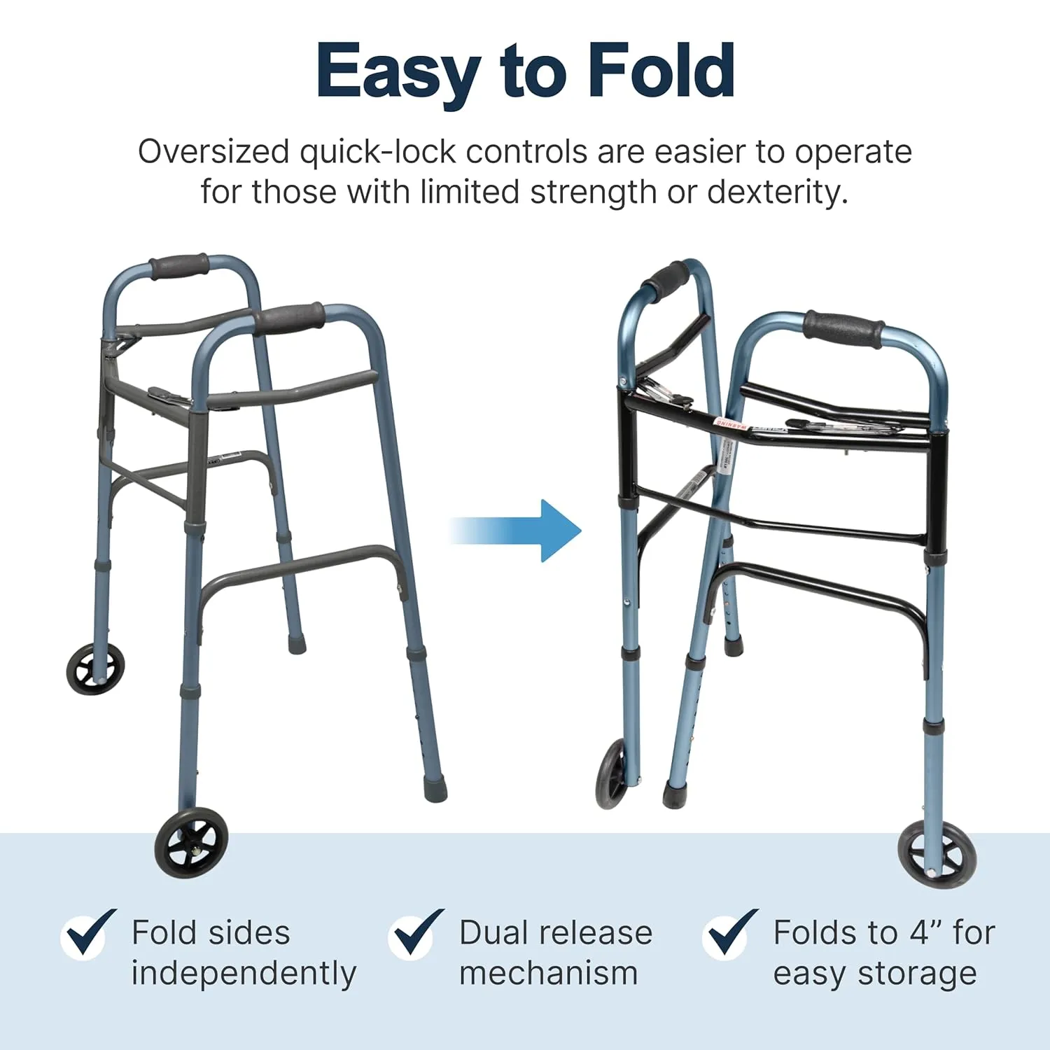 Lumex ColorSelect Walkers for Seniors, Rolling & Folding Adult Walker with Wheels, Blue