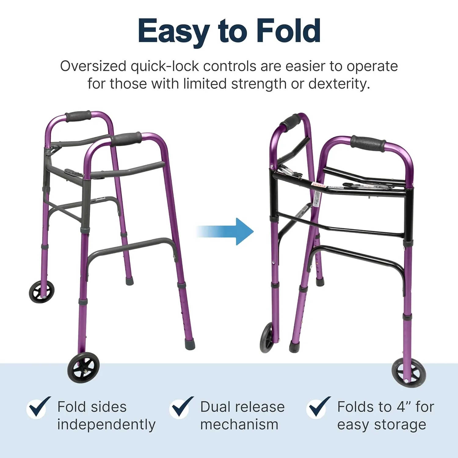 Lumex ColorSelect Walkers for Seniors, Rolling & Folding Adult Walker with Wheels, Plum