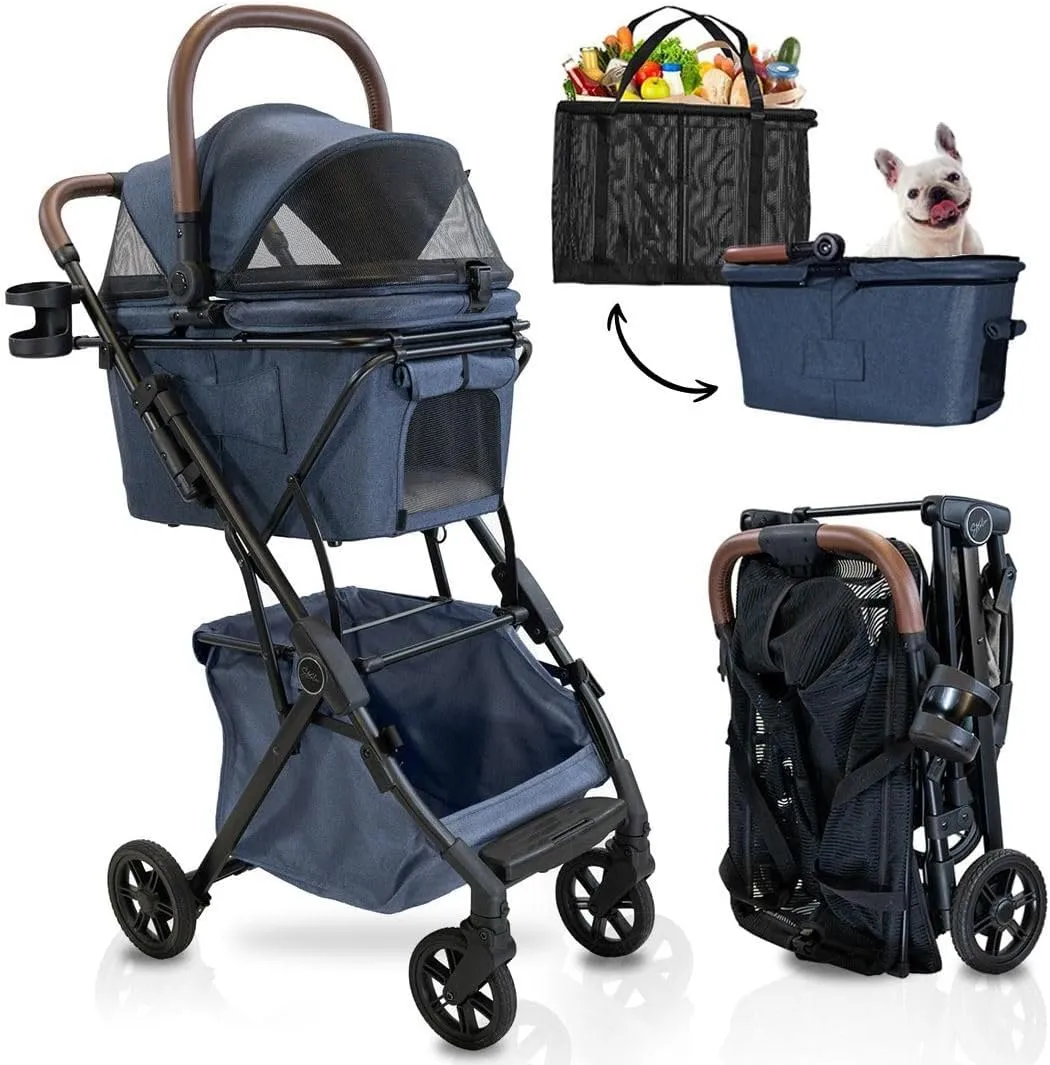 Luxury Pet Stroller & Personal Folding Shopping Cart on Premium Wheels – Lightweight Aluminum Frame – Removable Bassinet, Shopping Bag- Small to Medium Dogs & Cats (Blue v3 Pet Bassinet)