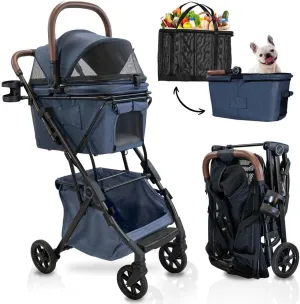 Luxury Pet Stroller & Personal Folding Shopping Cart on Premium Wheels – Lightweight Aluminum Frame – Removable Bassinet, Shopping Bag- Small to Medium Dogs & Cats (Blue v3 Pet Bassinet)