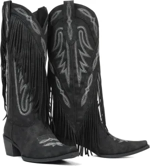 Mattiventon Cowboy Boots for Women Fringe Knee High Cowgirl Western Boots with Classic Embroidery Pointed Toe Chunky Heel for Weddings Parties