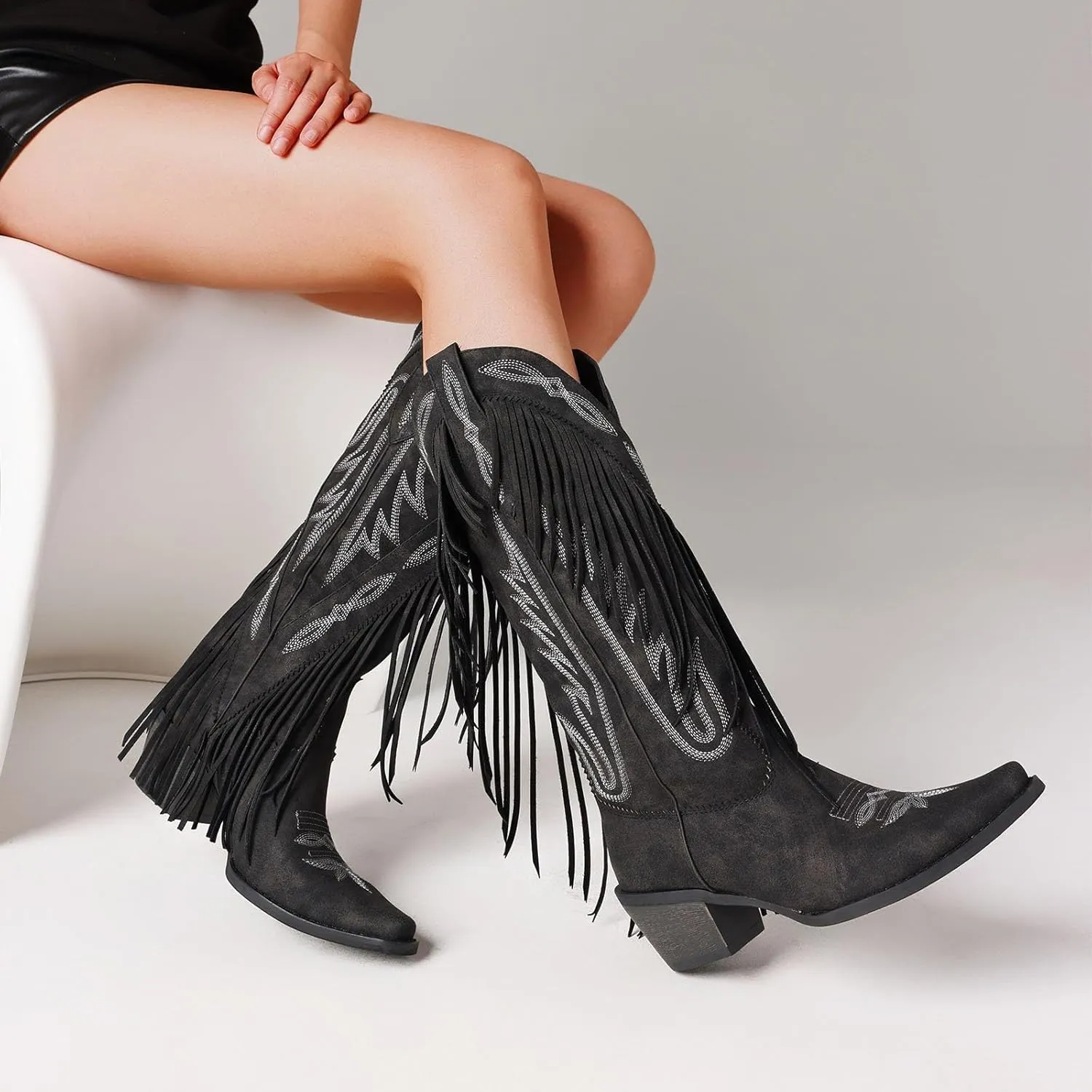 Mattiventon Cowboy Boots for Women Fringe Knee High Cowgirl Western Boots with Classic Embroidery Pointed Toe Chunky Heel for Weddings Parties