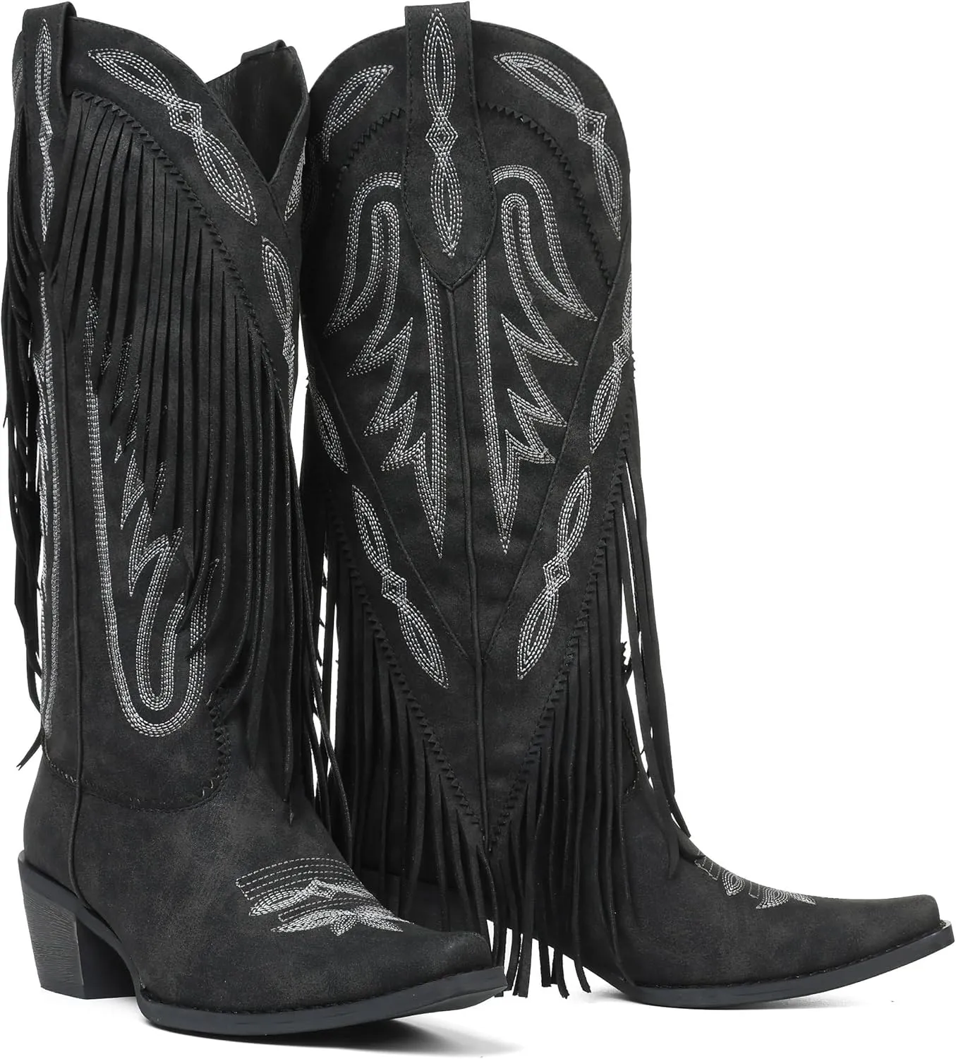 Mattiventon Cowboy Boots for Women Fringe Knee High Cowgirl Western Boots with Classic Embroidery Pointed Toe Chunky Heel for Weddings Parties