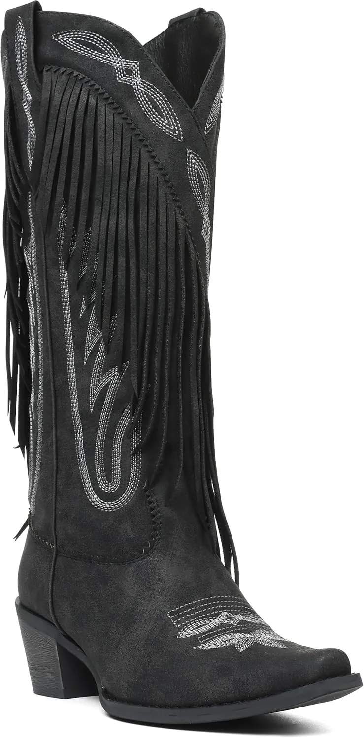 Mattiventon Cowboy Boots for Women Fringe Knee High Cowgirl Western Boots with Classic Embroidery Pointed Toe Chunky Heel for Weddings Parties