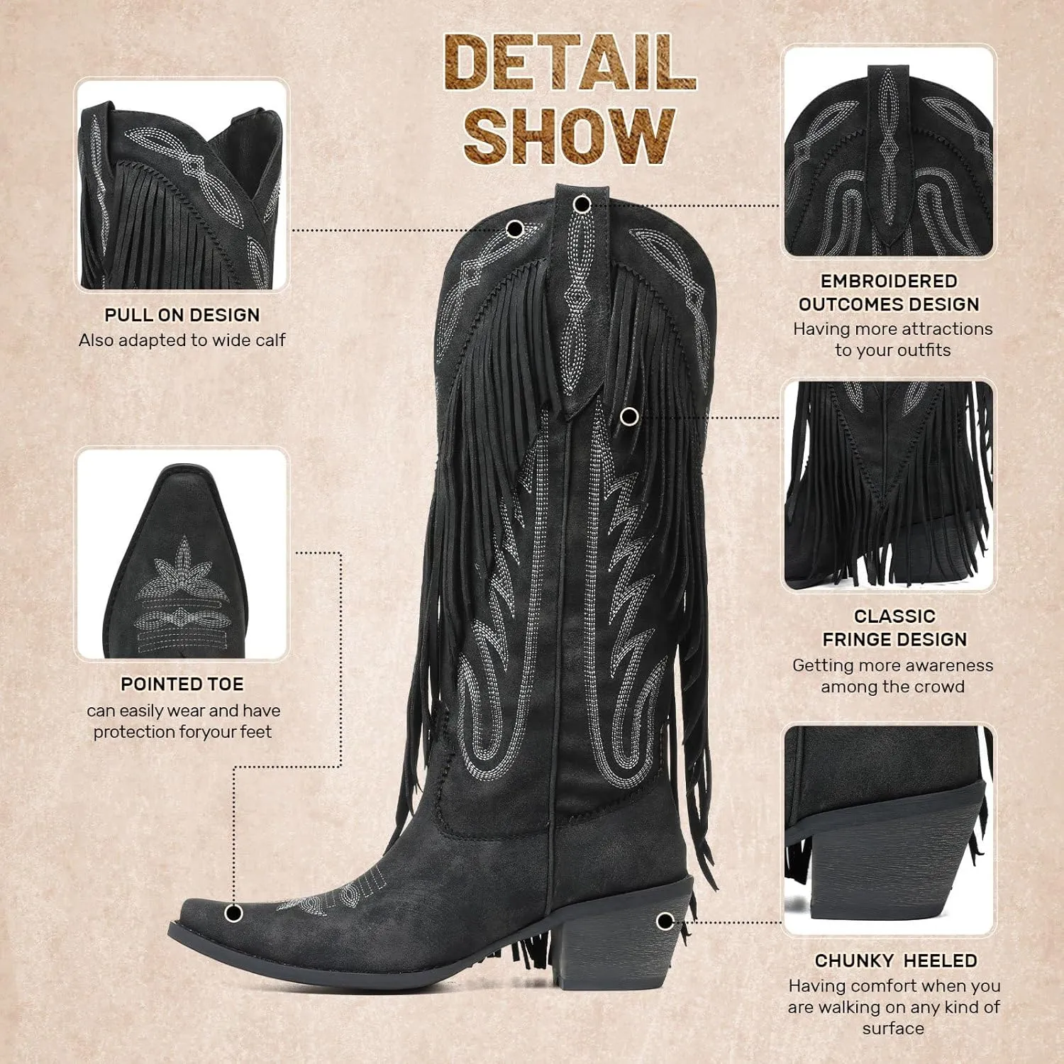 Mattiventon Cowboy Boots for Women Fringe Knee High Cowgirl Western Boots with Classic Embroidery Pointed Toe Chunky Heel for Weddings Parties
