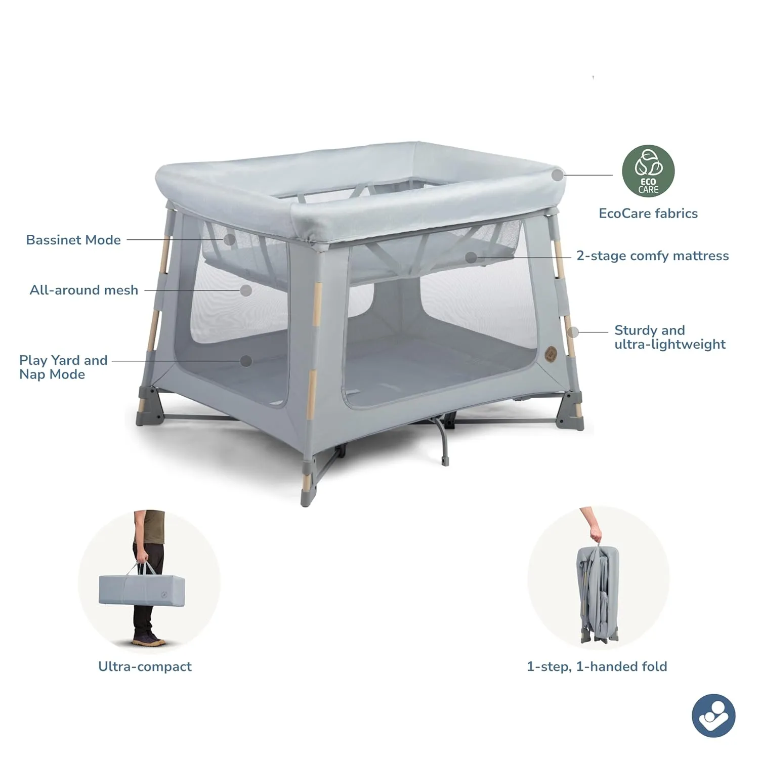 Maxi-Cosi Swift Baby Playpen with Mat, Baby Play Yards, Pack and Play with Bassinet - Portable Playpen for Babies and Toddlers, Classic Slate