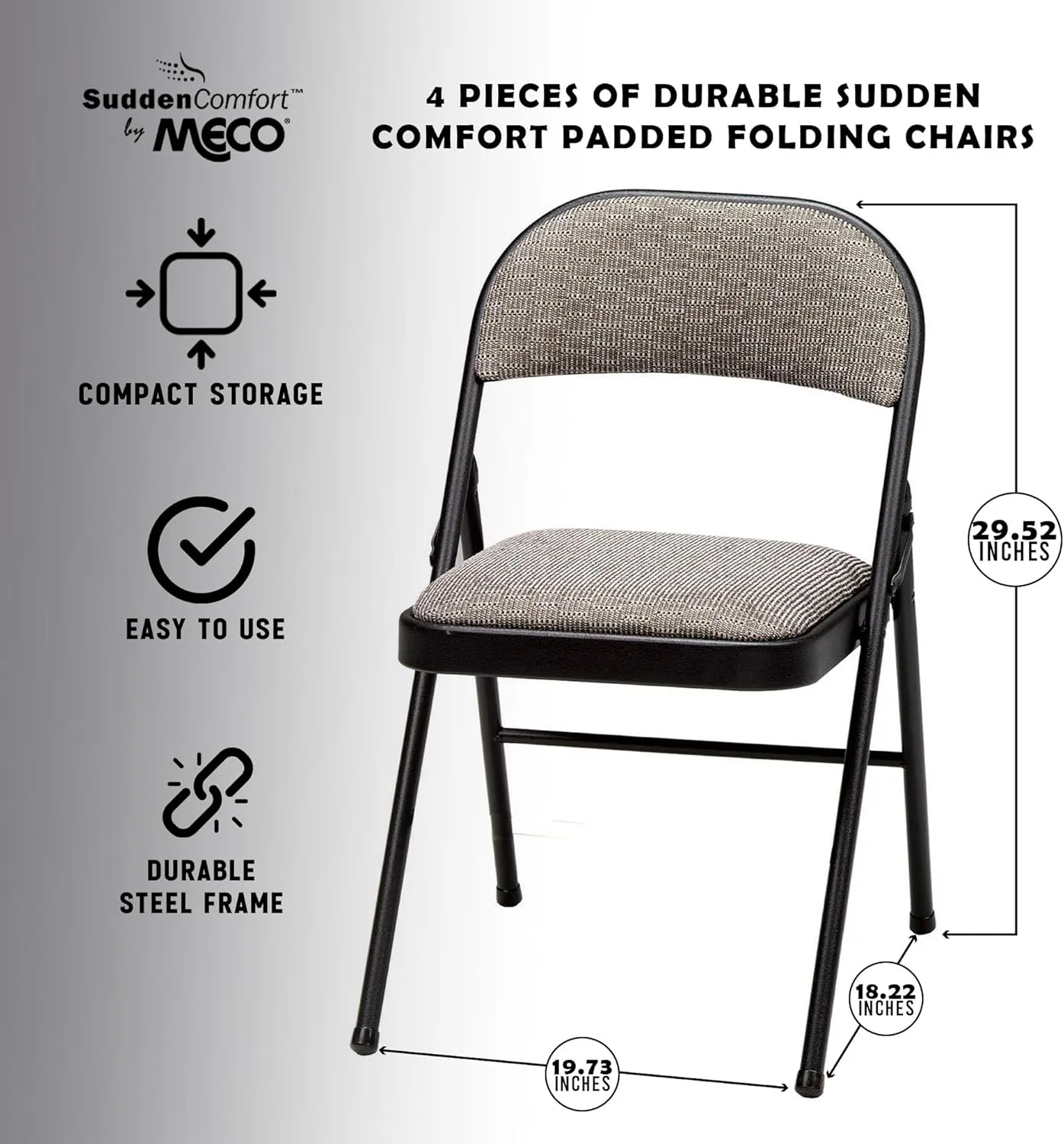 MECO 4 Pack Padded Folding Chairs, Cushioned Metal Fabric Foldable Chair, Black