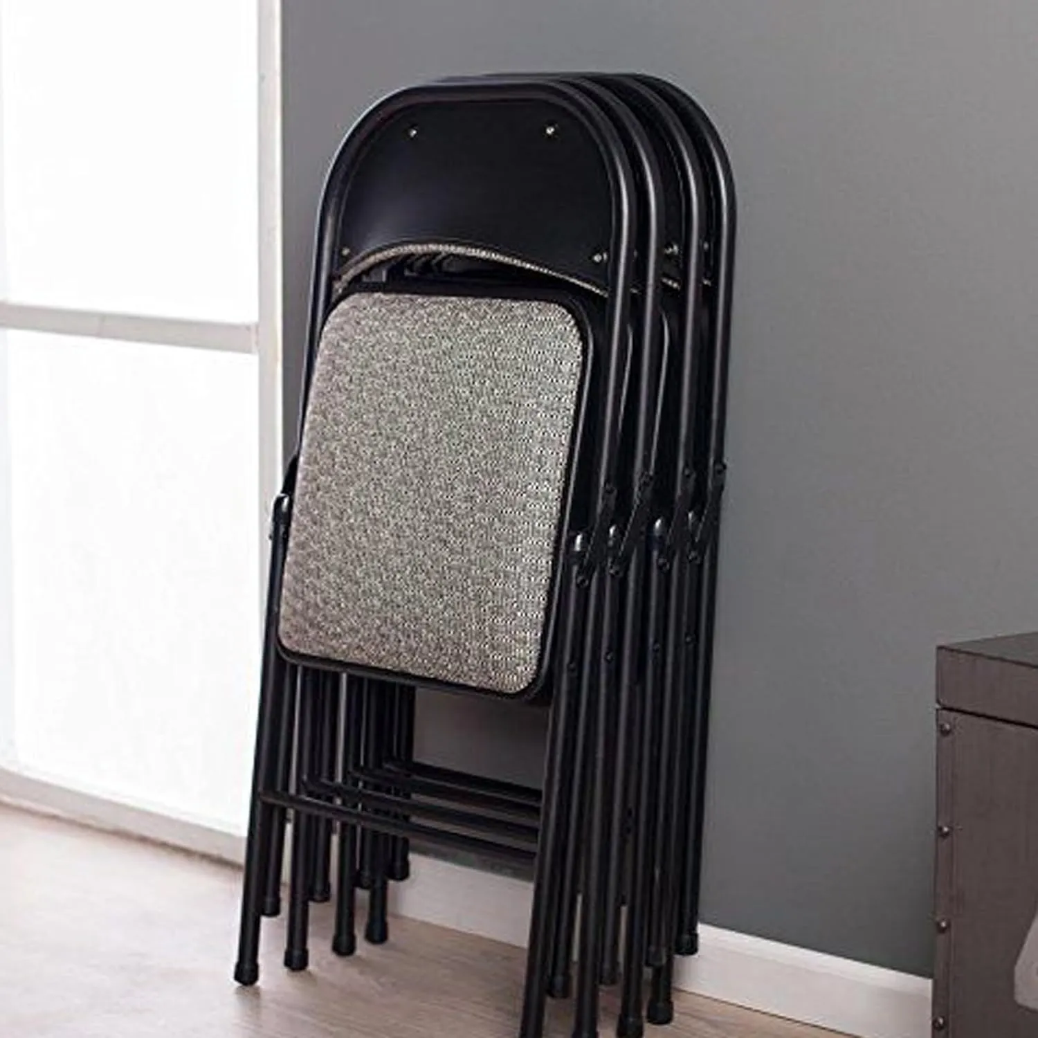 MECO 4 Pack Padded Folding Chairs, Cushioned Metal Fabric Foldable Chair, Black