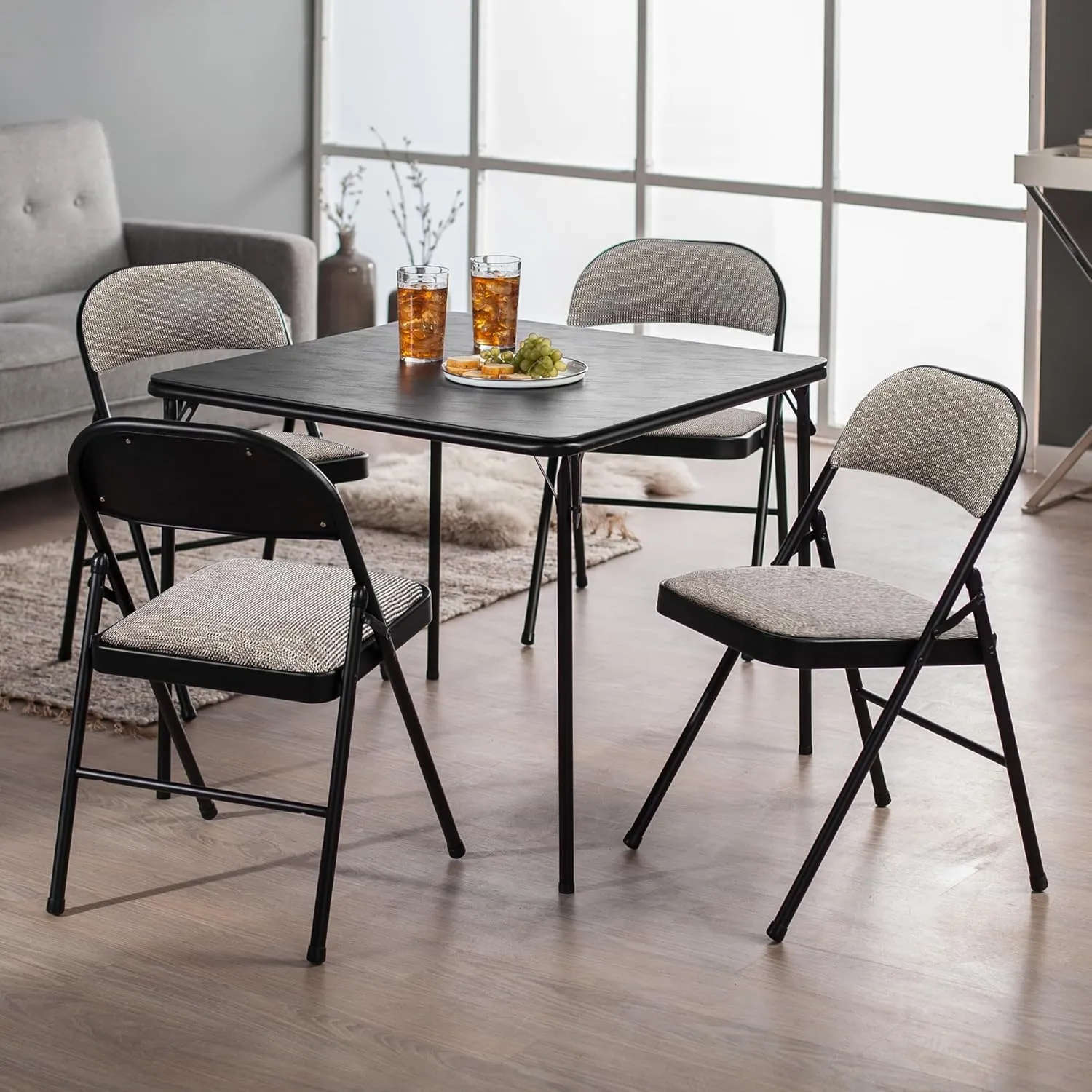 MECO 4 Pack Padded Folding Chairs, Cushioned Metal Fabric Foldable Chair, Black