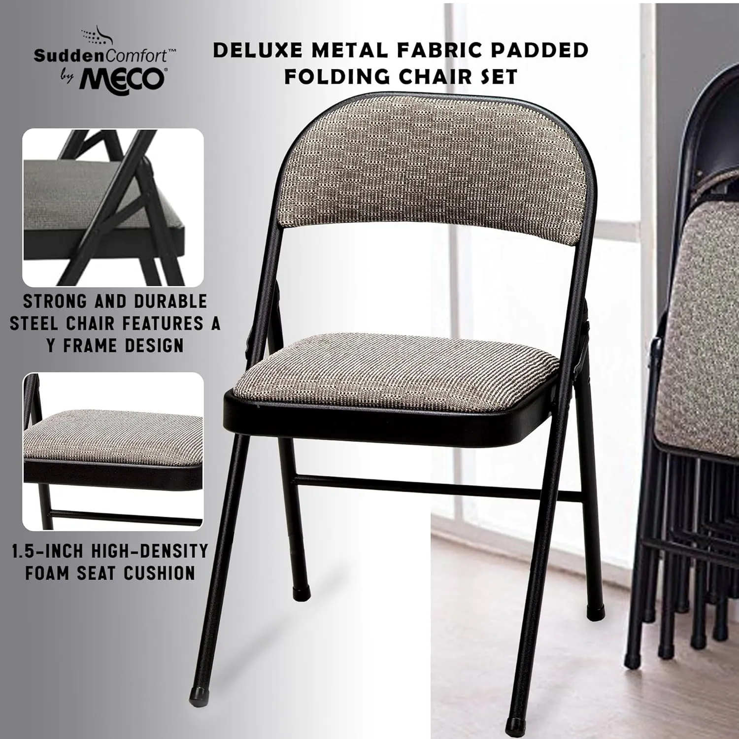MECO 4 Pack Padded Folding Chairs, Cushioned Metal Fabric Foldable Chair, Black