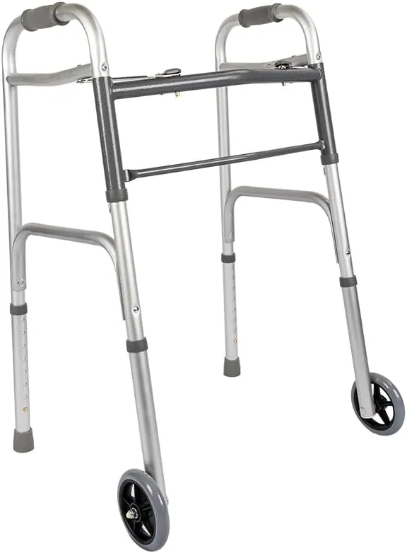 MediChoice Dual-Release Two Button/Folding Walker, Height Adjustable with 5 Inch Wheels, Aluminum, 300 lb. Capacity (1 Each)
