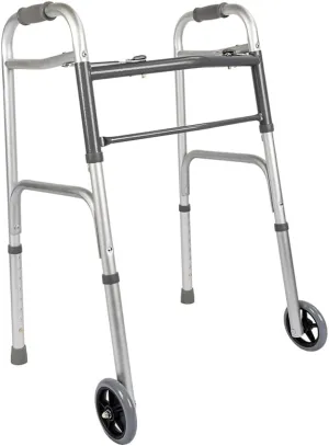 MediChoice Dual-Release Two Button/Folding Walker, Height Adjustable with 5 Inch Wheels, Aluminum, 300 lb. Capacity (1 Each)