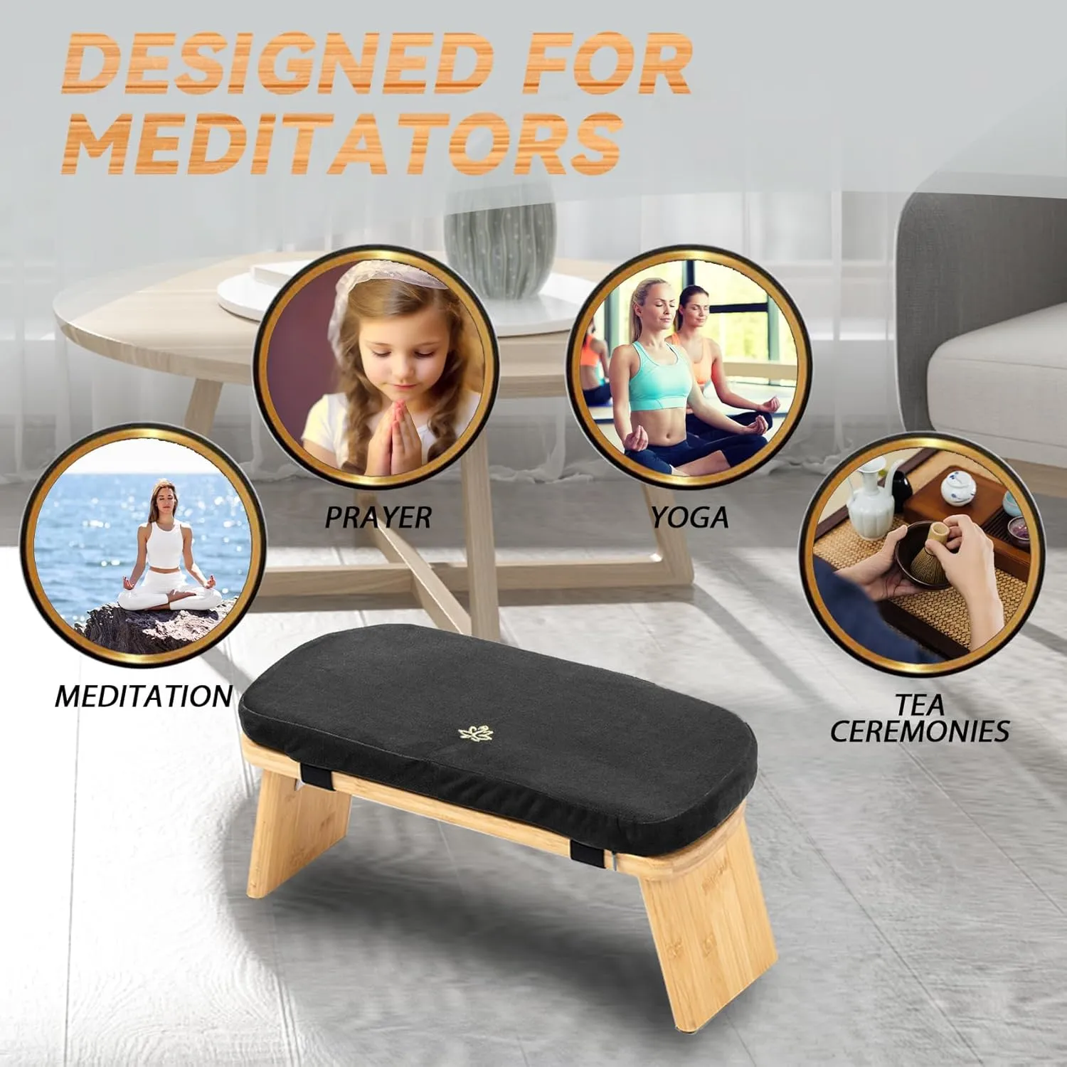 Meditation Bench, Bamboo Meditation Stool, Folding Kneeling Meditation Bench, Seiza Prayer Bench, Prayer Bench with Meditation Cushion, Kneeling Stool (Black & Bag)