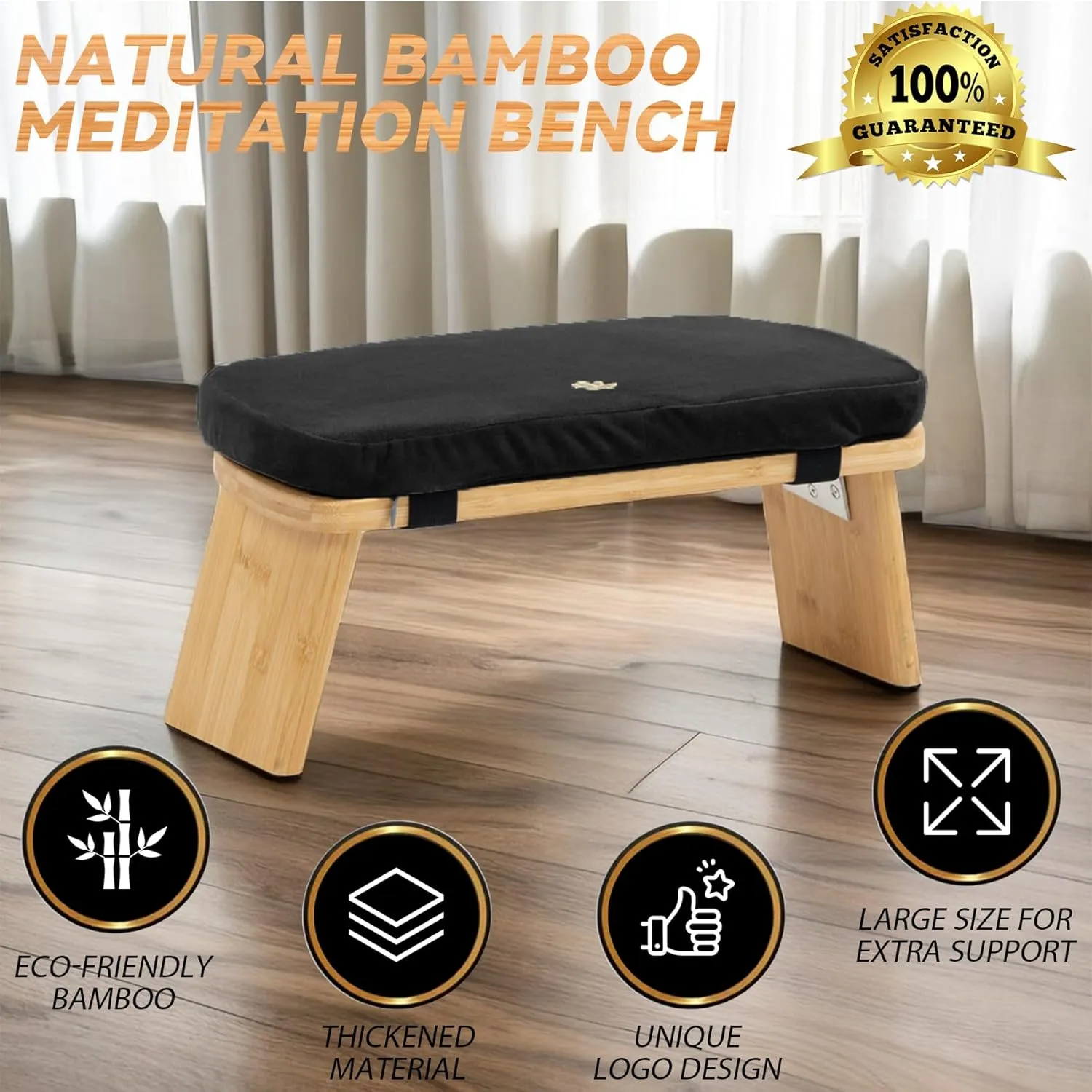 Meditation Bench, Bamboo Meditation Stool, Folding Kneeling Meditation Bench, Seiza Prayer Bench, Prayer Bench with Meditation Cushion, Kneeling Stool (Black & Bag)
