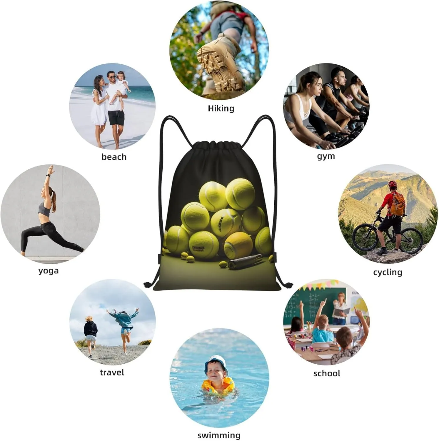 Medium Tennis diagram Print Lightweight Drawstring Backpack/Waterproof Sports Gym Travel Bag, for Unisex Men Women