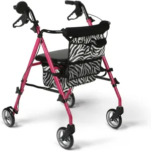 Medline Posh Premium Lightweight Aluminum Rollator Walker, Pink & Zebra Print, 250 lb. Weight Capacity, 6” Wheels, Water Resistant, Foldable, Rolling Walker for Seniors