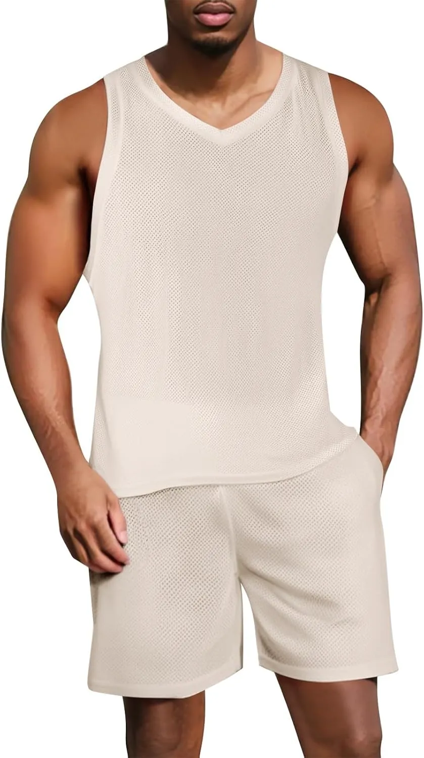 Men Sets Outfits 2 Piece Summer Beach Casual Vacation Sets Big and Tall Fashion Sleeveless Stylish Gym Basketball Shorts