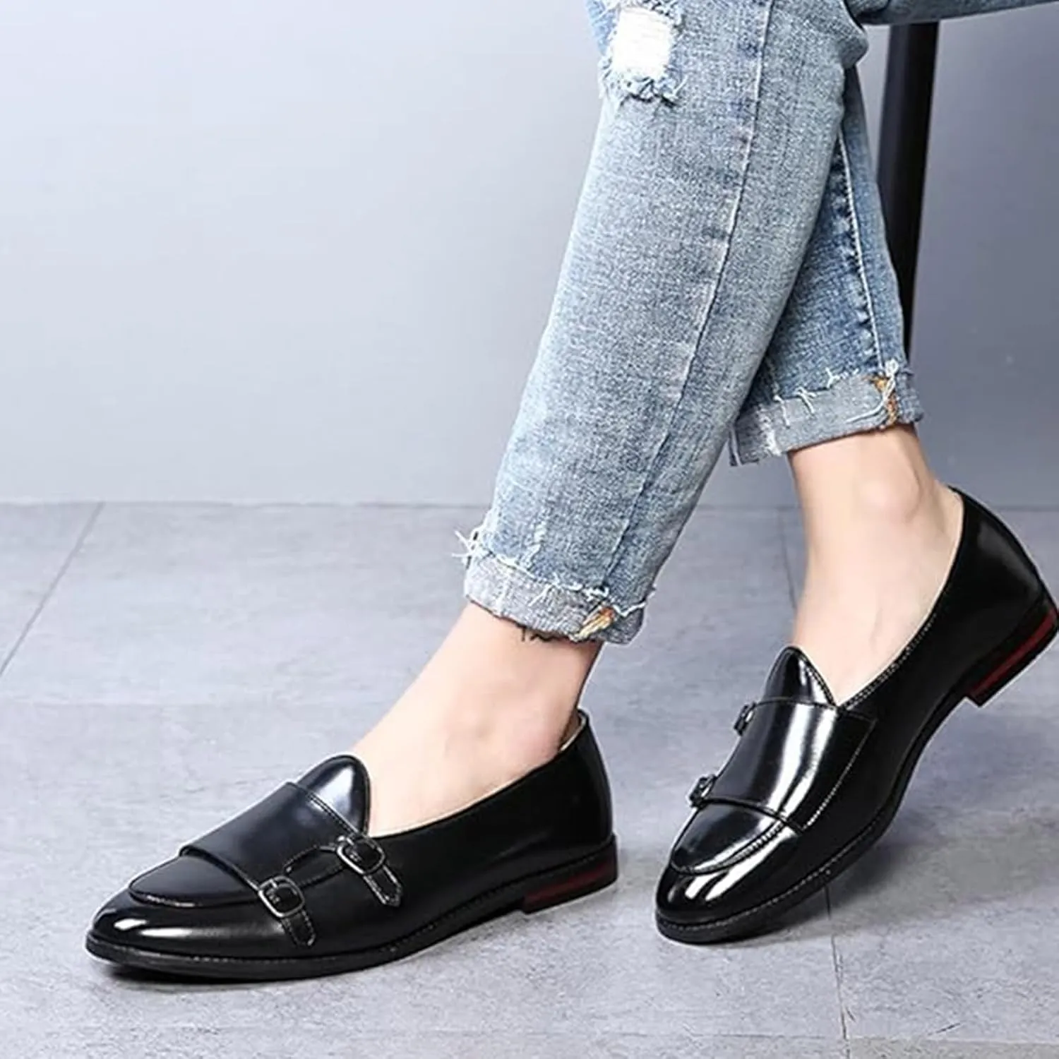 Men Slip On Dress Oxford Shoes Pointed Toe Low Cut Double Monk Strap Casual Handmade Shoes
