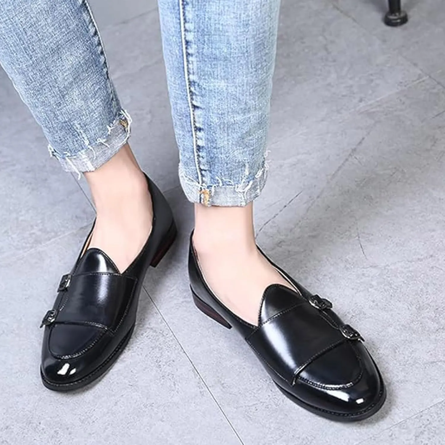 Men Slip On Dress Oxford Shoes Pointed Toe Low Cut Double Monk Strap Casual Handmade Shoes
