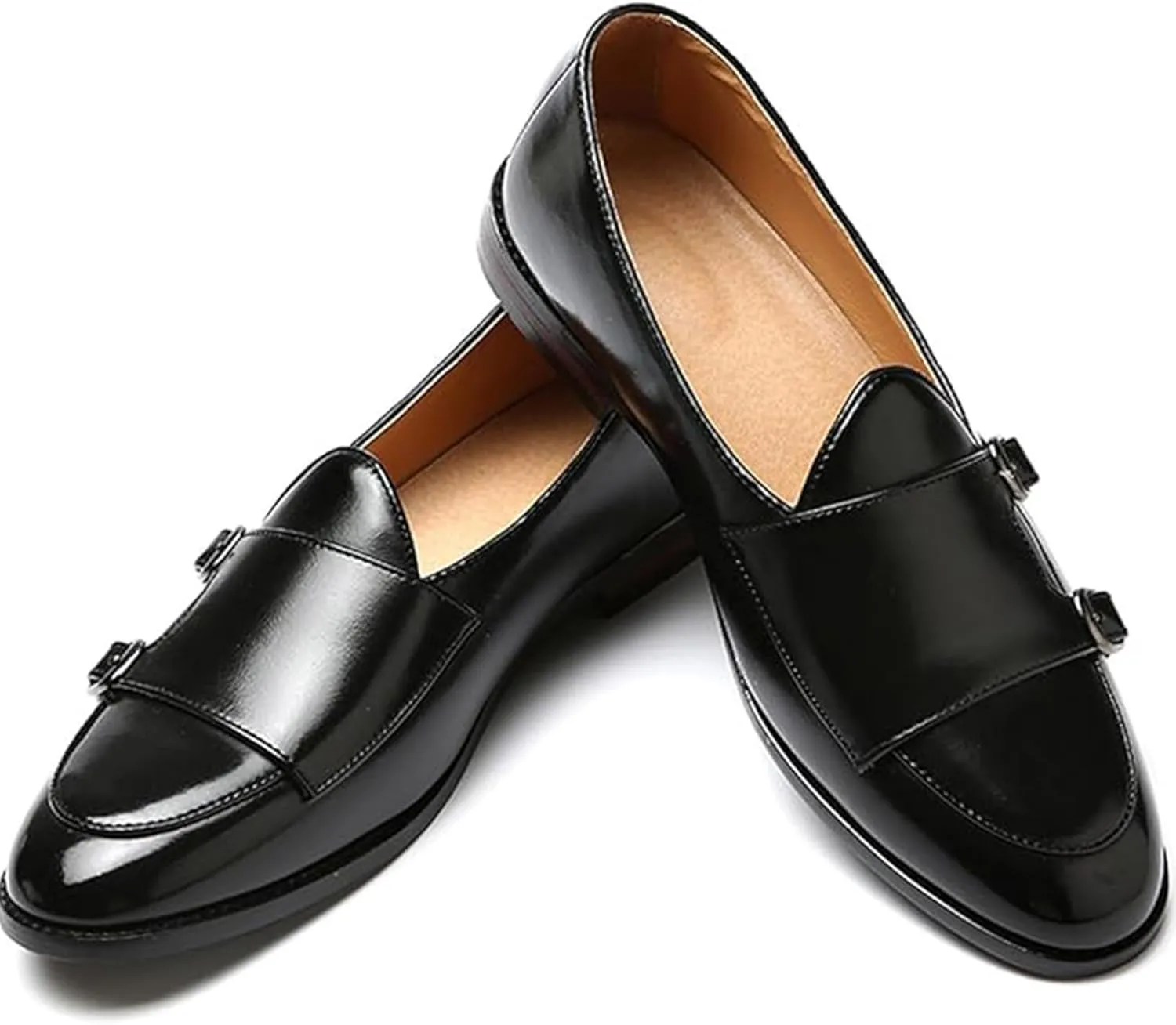 Men Slip On Dress Oxford Shoes Pointed Toe Low Cut Double Monk Strap Casual Handmade Shoes