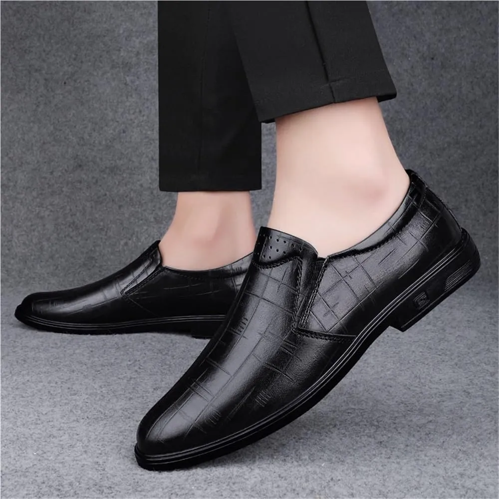 Men Vegan Leather Oxford Dress Shoes Slip On Round Toe Apron Toe Block Heel Rubber Sole Non Slip Party Comfortable