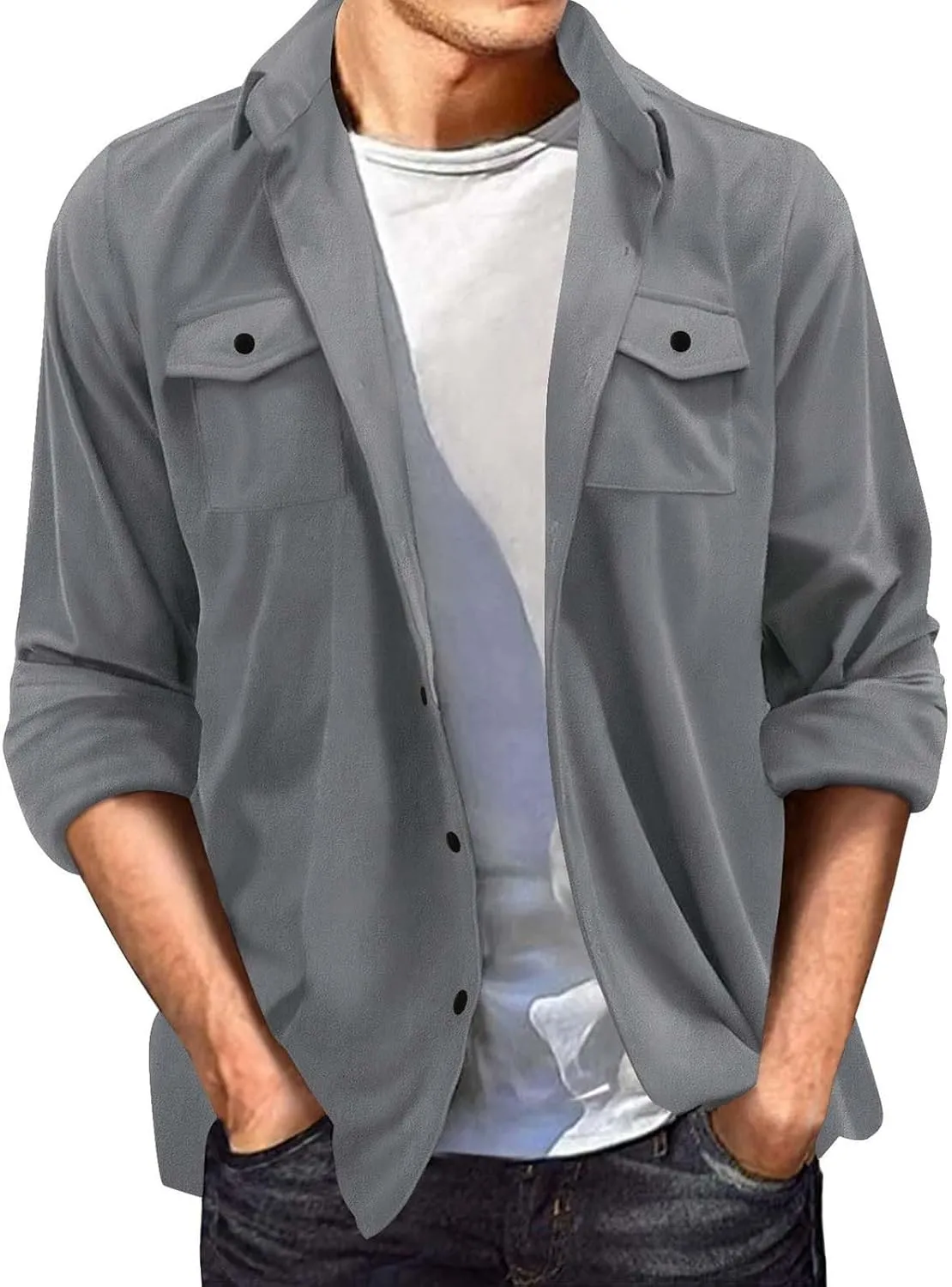 Mens Casual Shirt Jacket Winter Faux Suede Fleece Warm Lightweight Outwear Button Pocket Solid Lapel Long Sleeve Coat