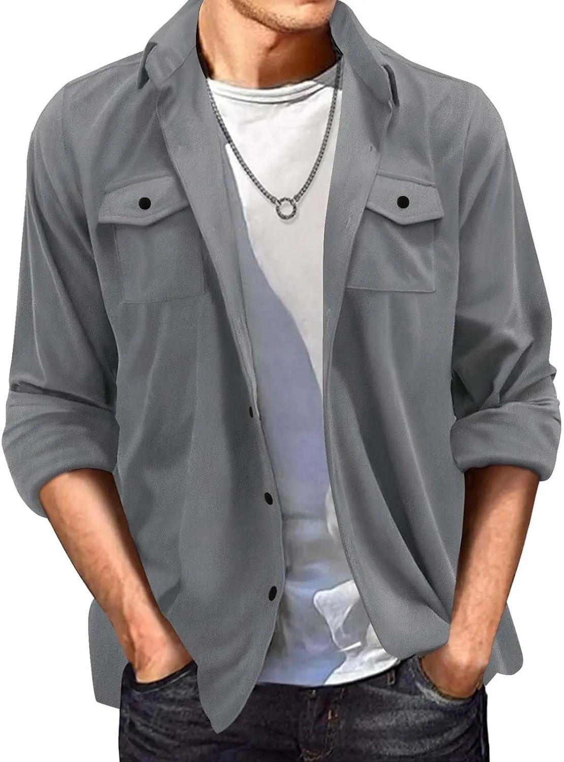 Mens Casual Shirt Jacket Winter Faux Suede Fleece Warm Lightweight Outwear Button Pocket Solid Lapel Long Sleeve Coat