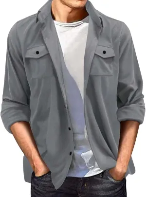 Mens Casual Shirt Jacket Winter Faux Suede Fleece Warm Lightweight Outwear Button Pocket Solid Lapel Long Sleeve Coat