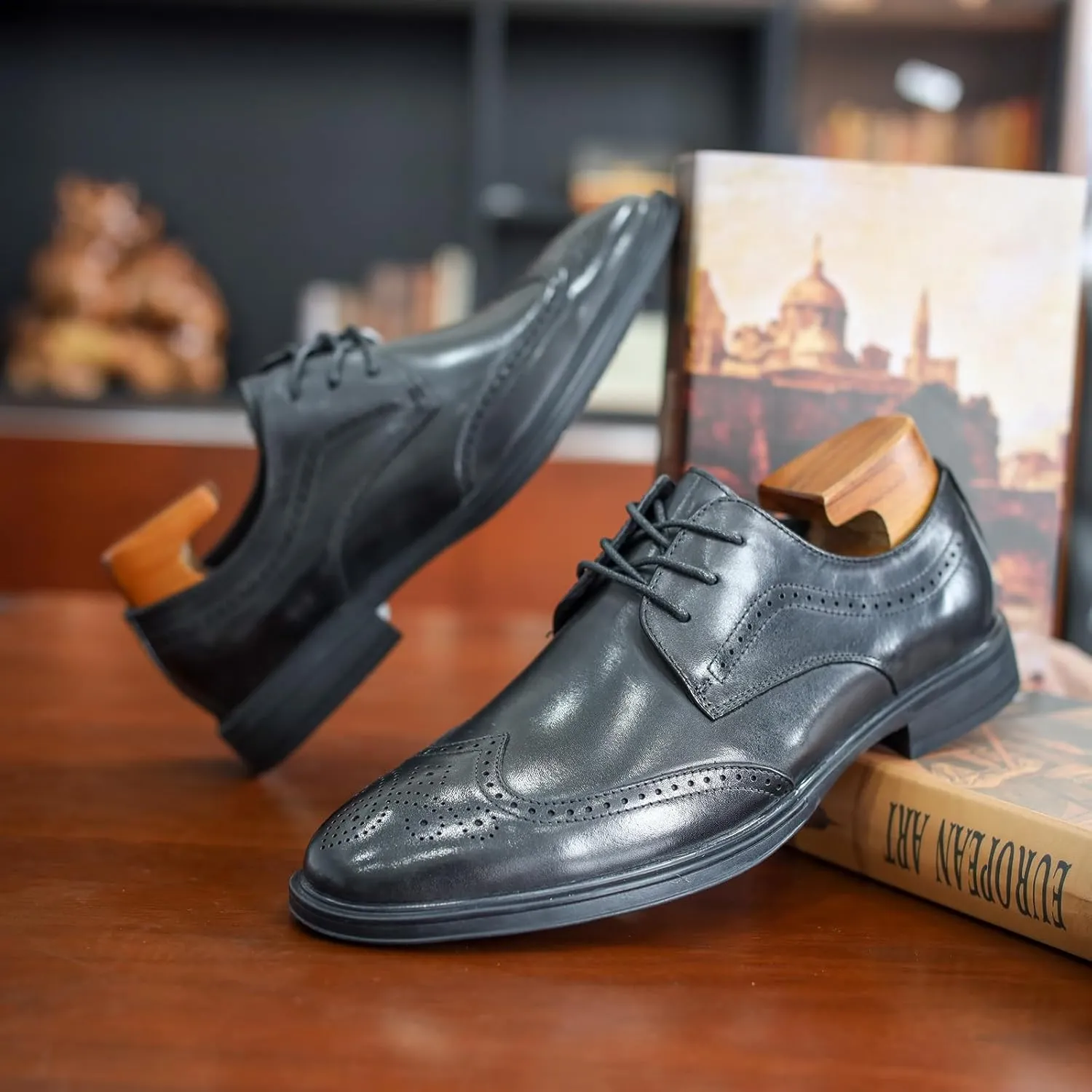 Men's Dress Shoes Cowhide Leather Formal Business Derby Shoes Brogue Wingtip Retro Oxford for Men