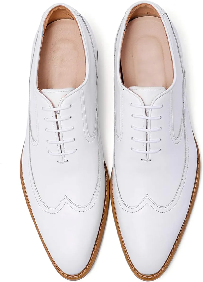 Men's Dress Shoes Formal Leather Wingtip Oxford Shoes for Men White
