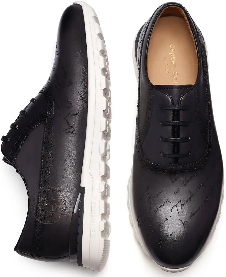 Men's Dress Sneakers Genuine Itailian Cowhide Leather Casual Shoes Brogue Running Oxfords with XL Extralight Sole