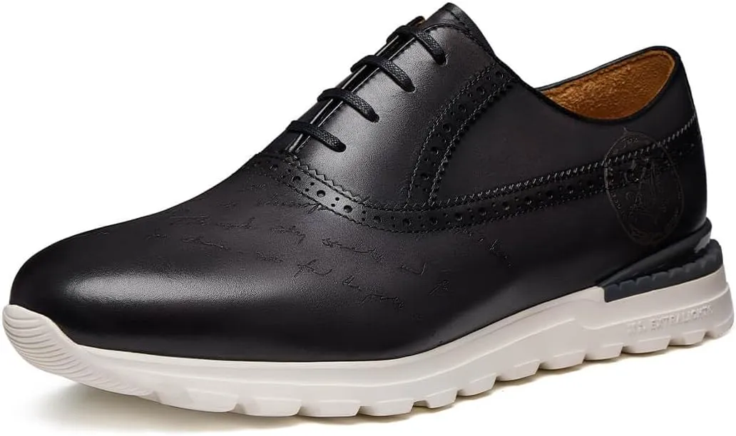Men's Dress Sneakers Genuine Itailian Cowhide Leather Casual Shoes Brogue Running Oxfords with XL Extralight Sole