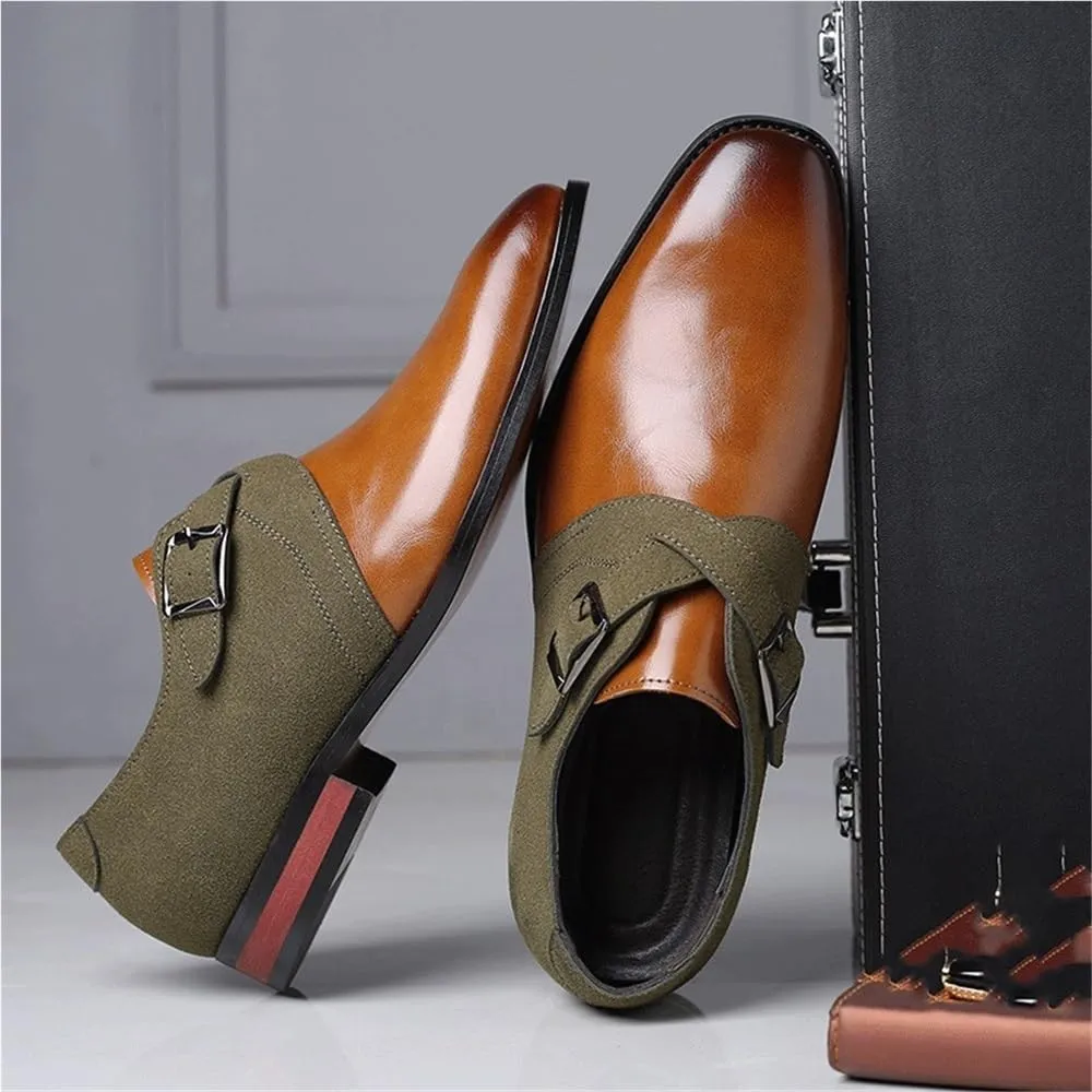 Mens Genuine Leather Oxford Dress Shoes Slip On Pointed Toe Business Casual Office Formal Trendy Patchwork