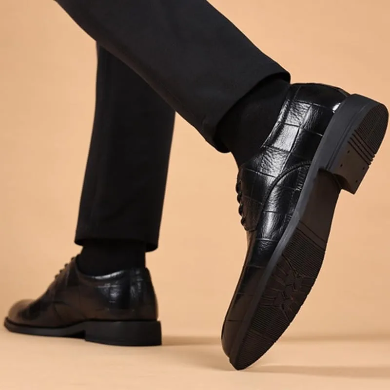 Men's Genuine Leather Oxford Shoes - Business Casual Lace Up Dress Shoes with Non-Slip Waterproof Design and Chunky Heel