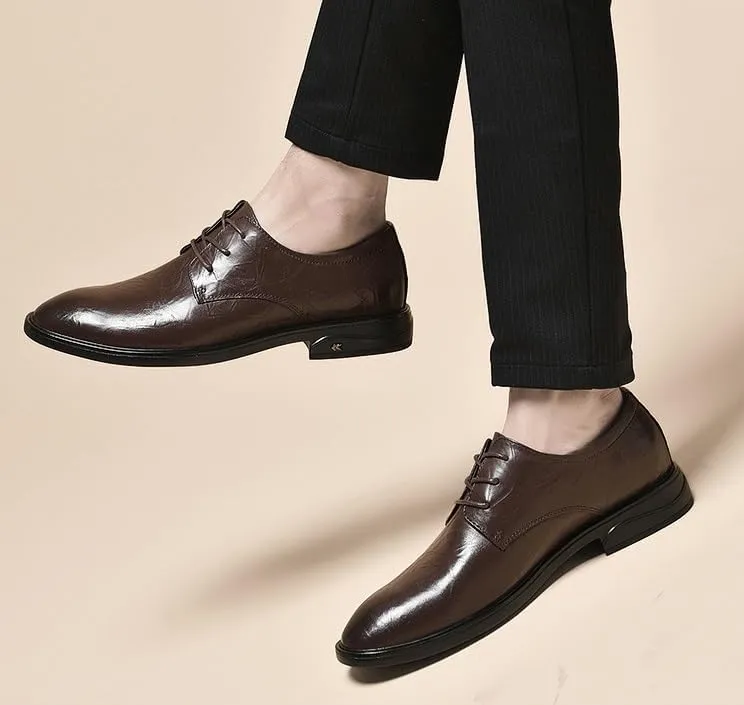 Men's Genuine Leather Oxford Shoes - Low Top Business Formal Dress Shoes - Non-Slip Waterproof Derby Shoes for Men(Brown,7)