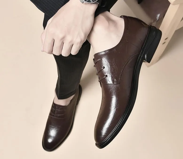 Men's Genuine Leather Oxford Shoes - Low Top Business Formal Dress Shoes - Non-Slip Waterproof Derby Shoes for Men(Brown,7)