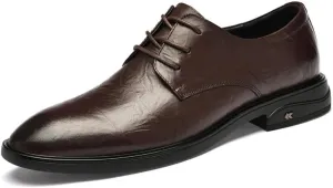 Men's Genuine Leather Oxford Shoes - Low Top Business Formal Dress Shoes - Non-Slip Waterproof Derby Shoes for Men(Brown,7)