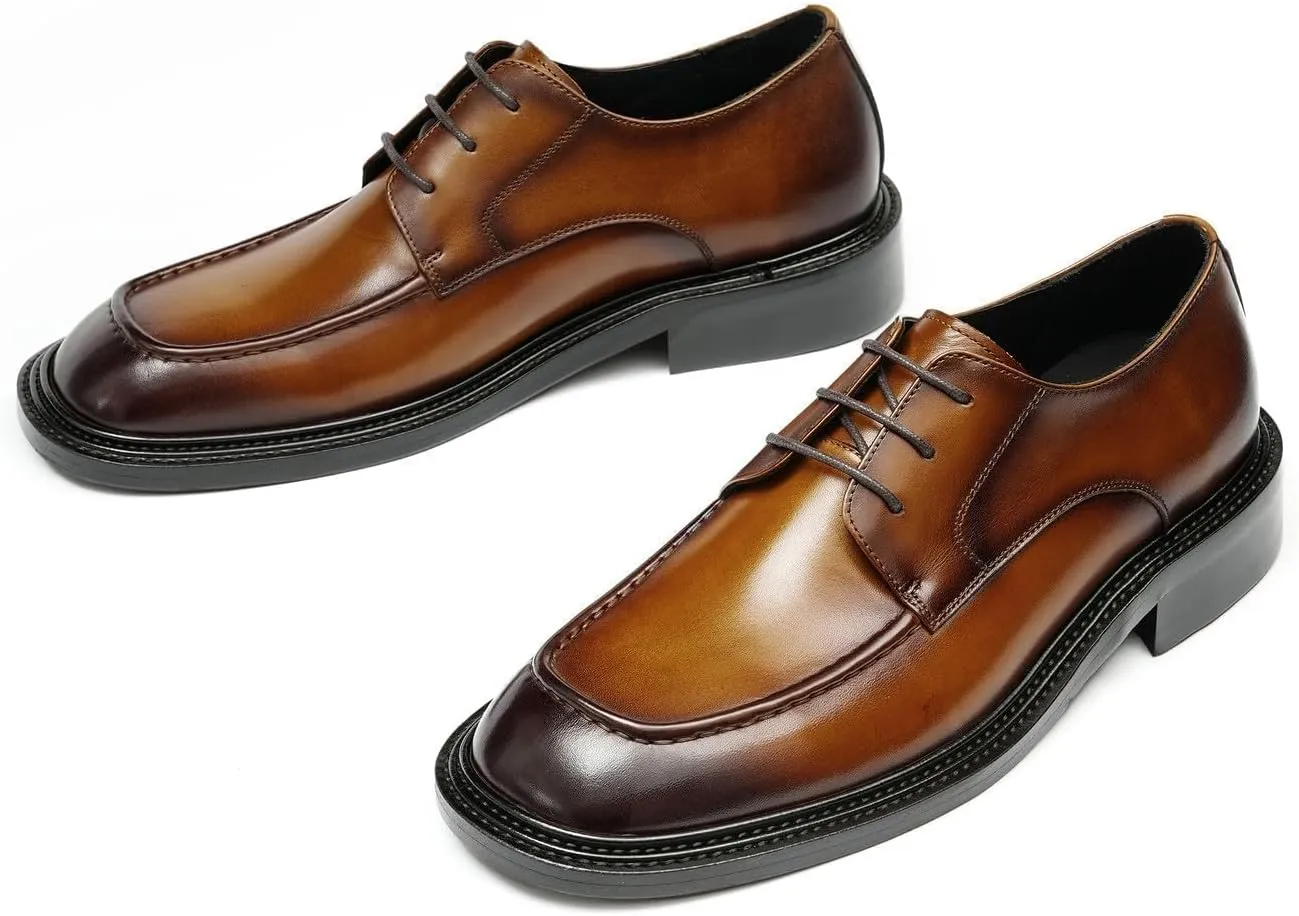 Men’s Genuine Leather Oxfords Dress Shoes – Lace-Up Derby with Rubber Sole, Soft Calfskin Lining, Anti-Slip Business Formal Suit Shoes for Office, Wedding & Daily Wear