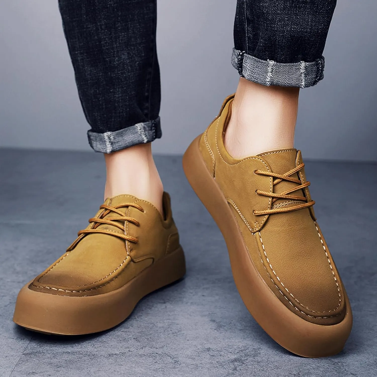 Men's Genuine Leather Platform Lace-up Formal Oxfords,Fashion Round Toe Handmade Casual Dress Shoes,Comfortable Non-Slip Business Work Shoes