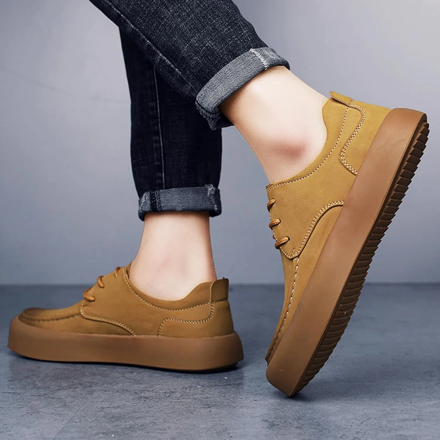 Men's Genuine Leather Platform Lace-up Formal Oxfords,Fashion Round Toe Handmade Casual Dress Shoes,Comfortable Non-Slip Business Work Shoes