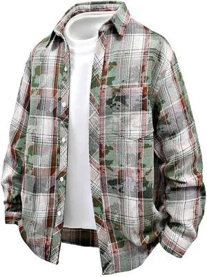 Men's Graceful Printed Plaid Lapel Shirts Casual Long Sleeve Button Tops with Pockets Walking Picnic Vacation