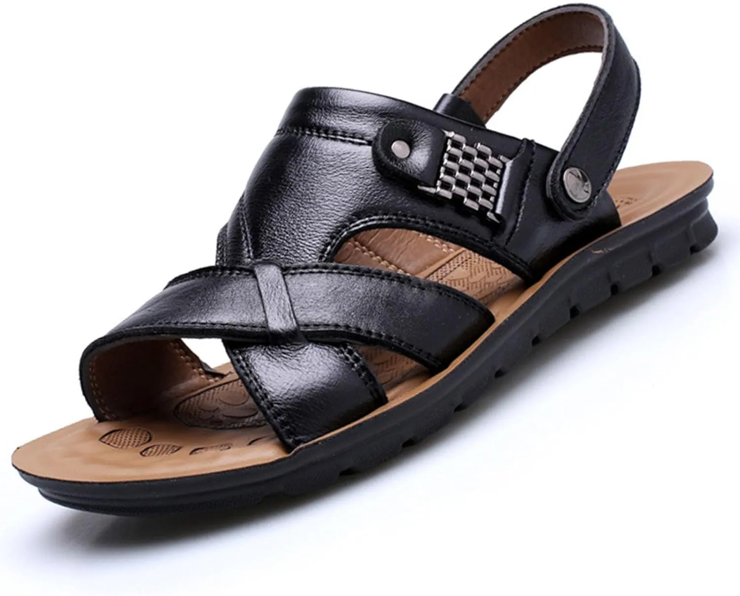 Men's Leather Casual Flat Sandals with Adjustable Dual use Ankle Straps Open Toe Cutout Anti-Slip Summer Breathable Sandals