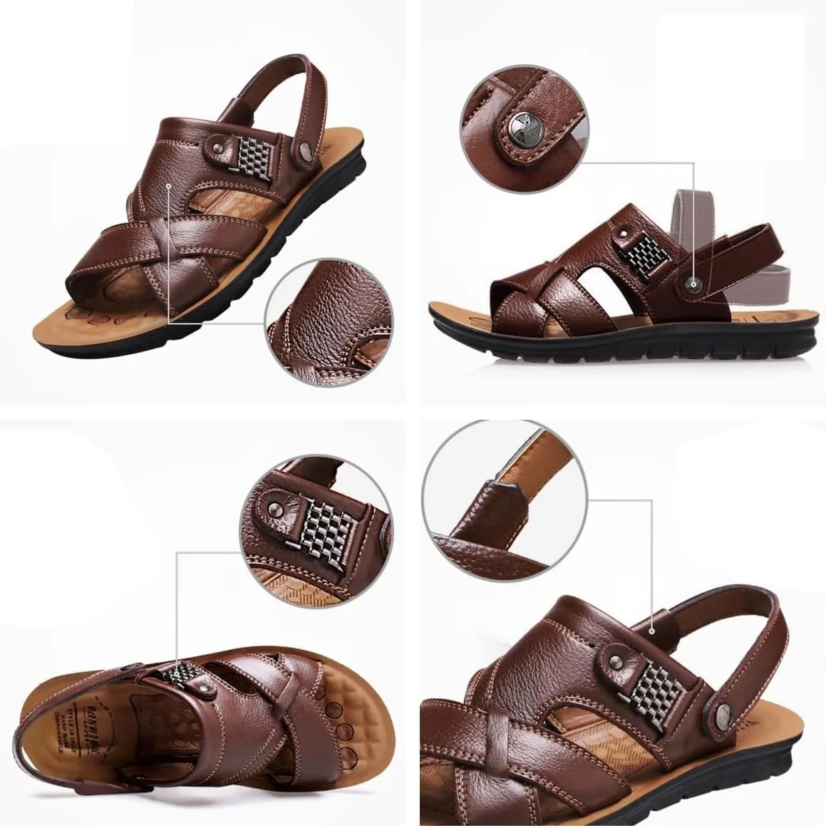 Men's Leather Casual Flat Sandals with Adjustable Dual use Ankle Straps Open Toe Cutout Anti-Slip Summer Breathable Sandals