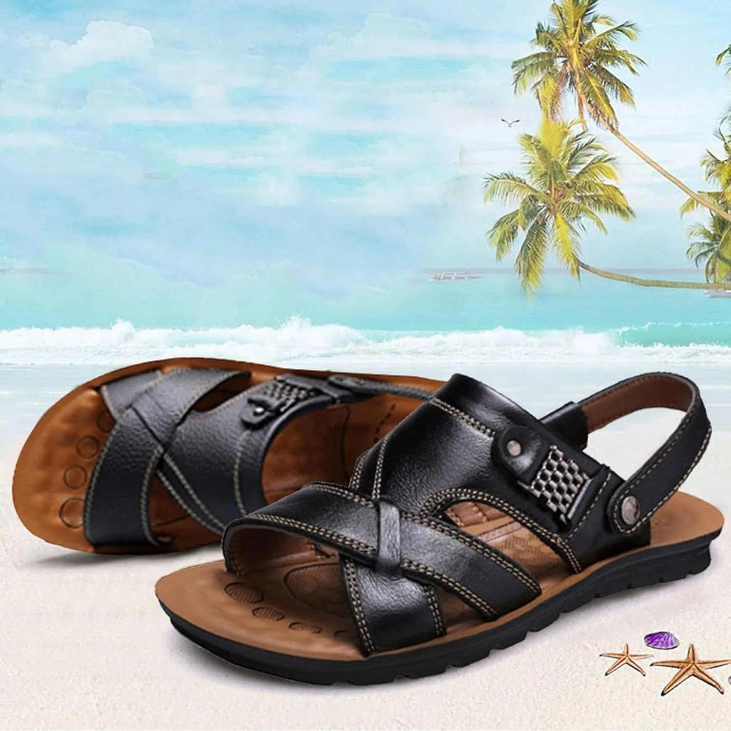 Men's Leather Casual Flat Sandals with Adjustable Dual use Ankle Straps Open Toe Cutout Anti-Slip Summer Breathable Sandals