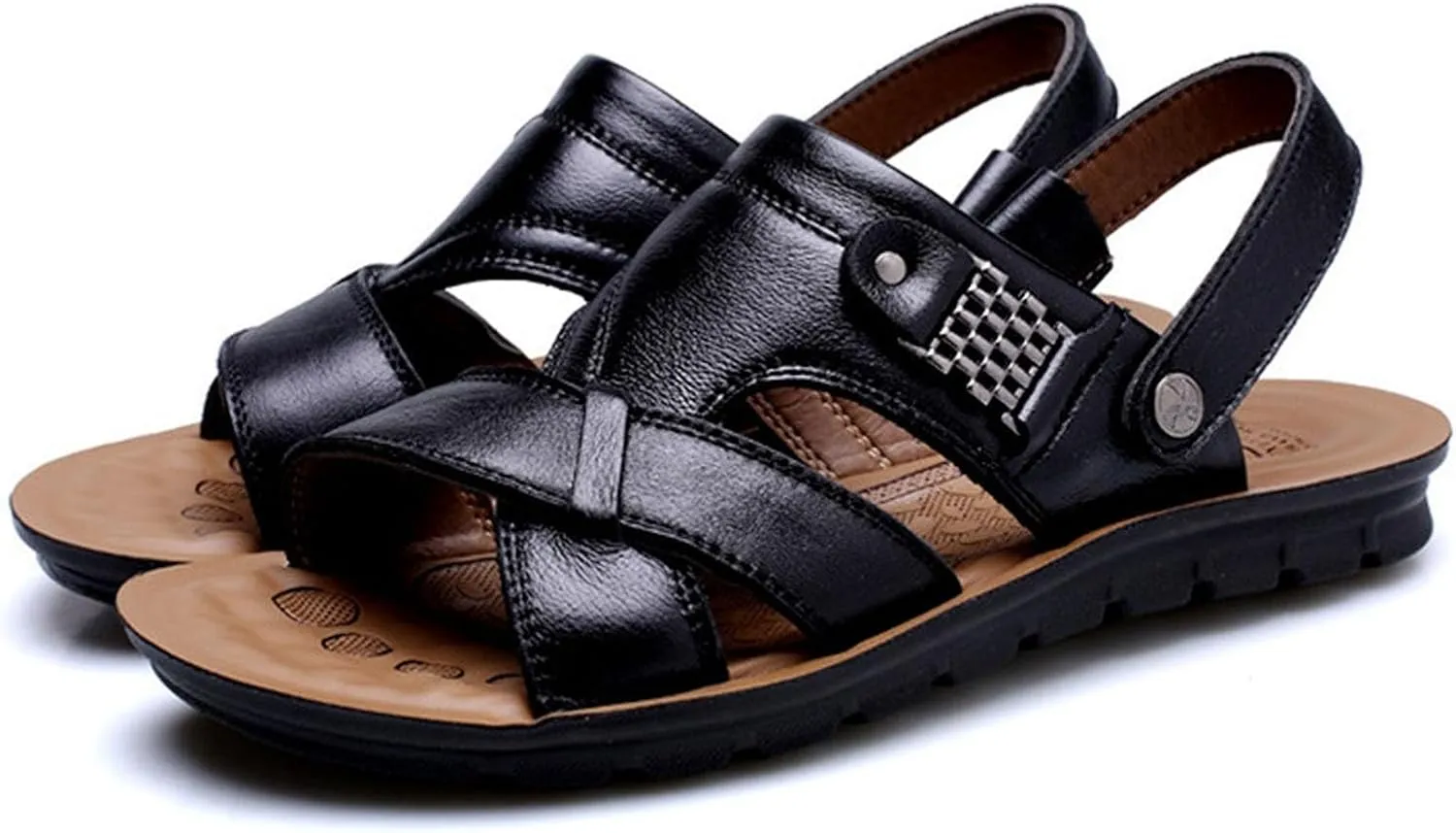 Men's Leather Casual Flat Sandals with Adjustable Dual use Ankle Straps Open Toe Cutout Anti-Slip Summer Breathable Sandals