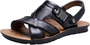 Men's Leather Casual Flat Sandals with Adjustable Dual use Ankle Straps Open Toe Cutout Anti-Slip Summer Breathable Sandals