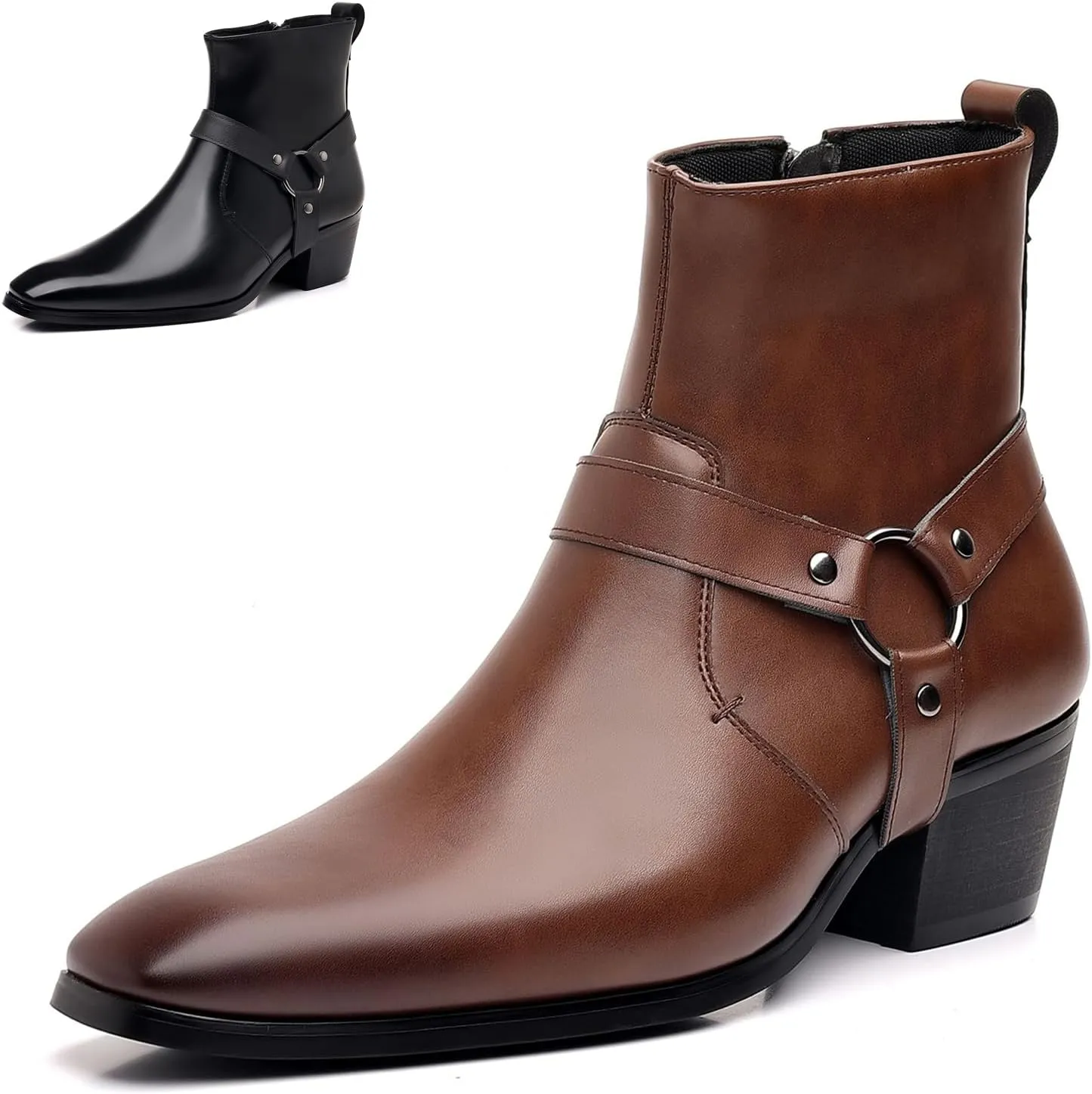 Men's Leather Chunky Heel Dress Chelsea Boots with Three Prong Buckle Fashion Classic Cap Toe Side Zipper High Heel High Top Formal Oxford Shoes Casual Business Wedding Chukka Booties
