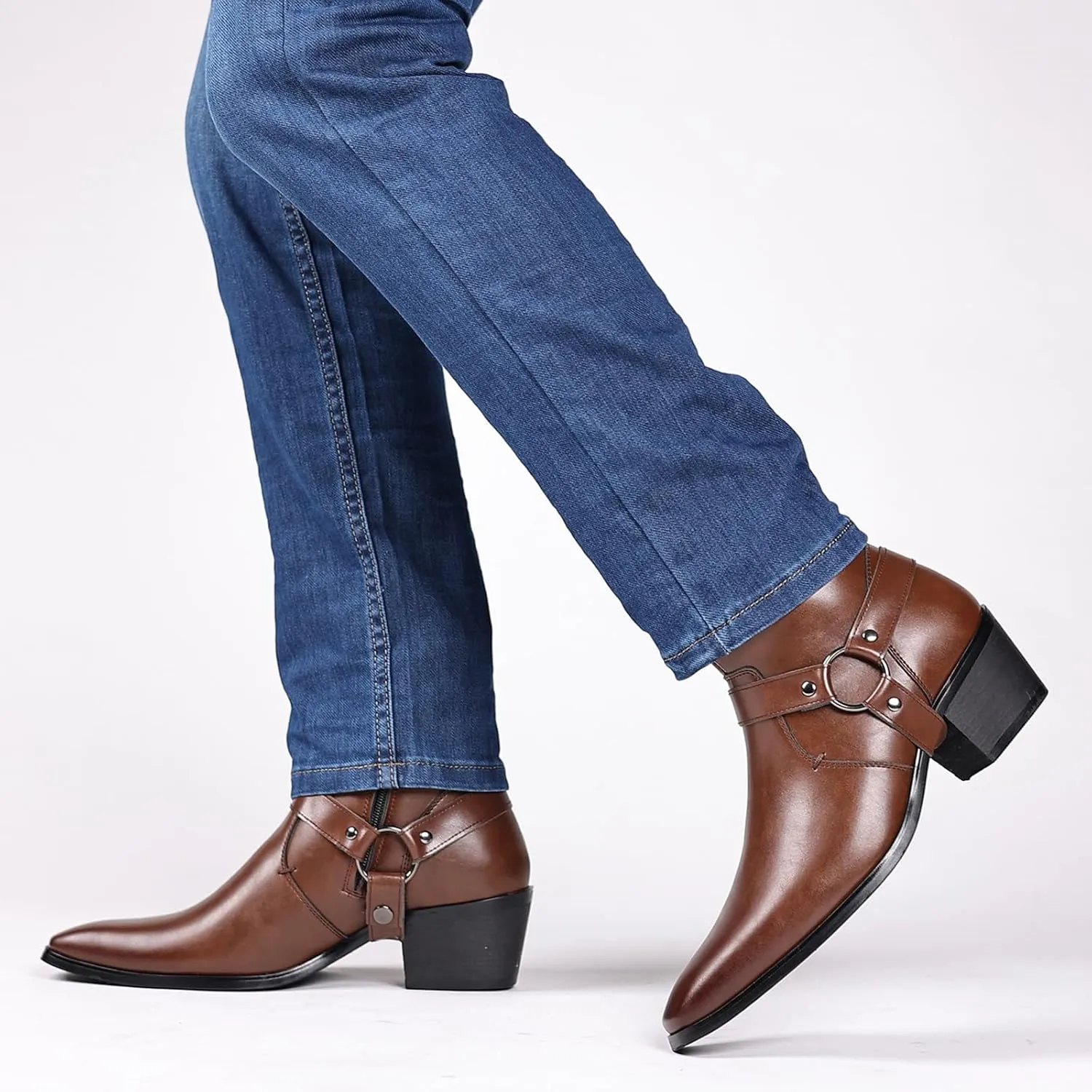 Men's Leather Chunky Heel Dress Chelsea Boots with Three Prong Buckle Fashion Classic Cap Toe Side Zipper High Heel High Top Formal Oxford Shoes Casual Business Wedding Chukka Booties