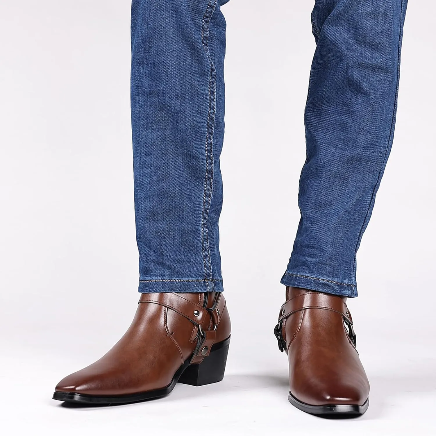 Men's Leather Chunky Heel Dress Chelsea Boots with Three Prong Buckle Fashion Classic Cap Toe Side Zipper High Heel High Top Formal Oxford Shoes Casual Business Wedding Chukka Booties